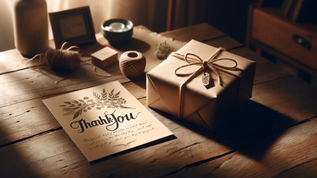 a thank-you note next to a beautifully packaged product, aiming to convey appreciation and value for customer relationships